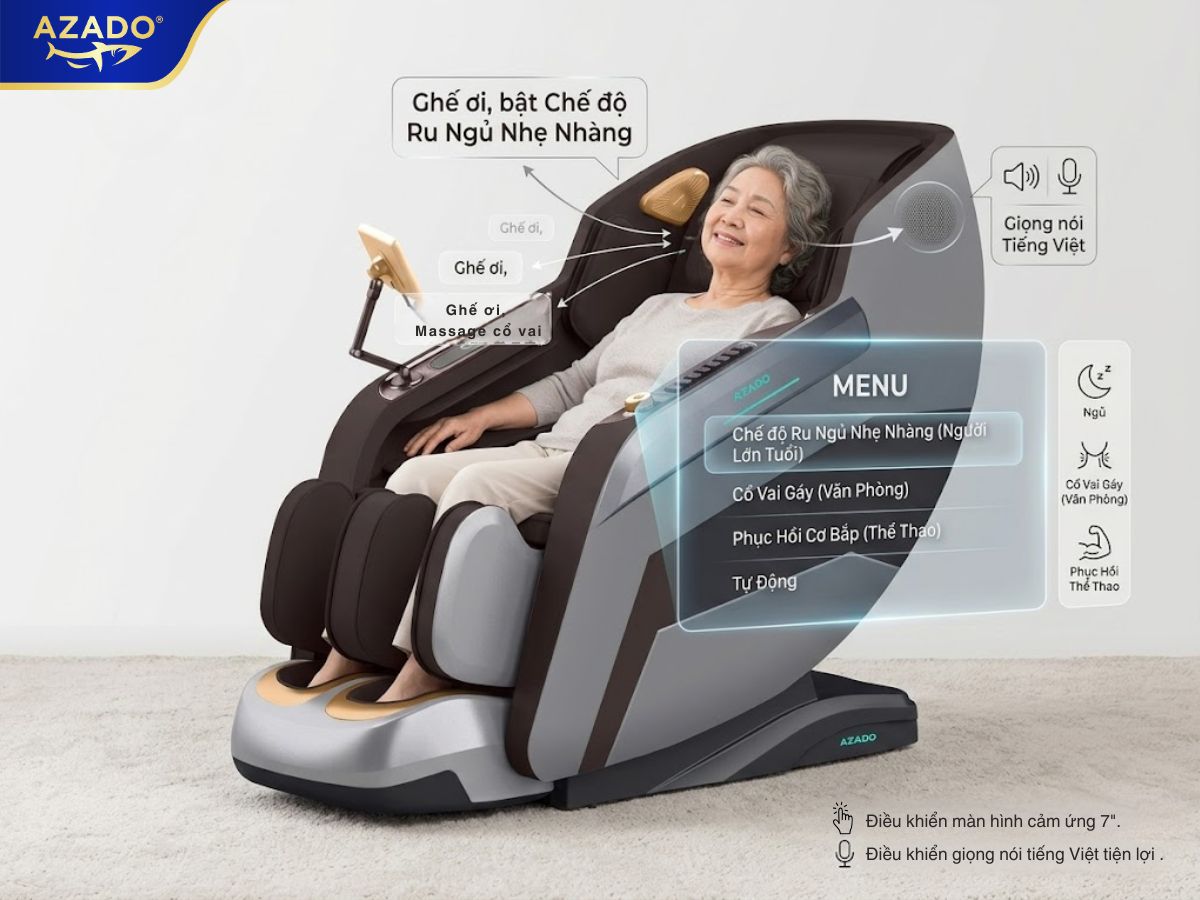 Tận hưởng các tính năng đa chế độ và bài tập cá nhân hóa trên ghế massage Azado AZ300.